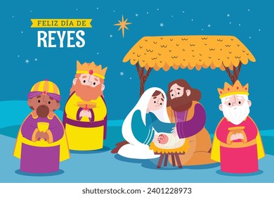 Los Reyes Magos ( Translation - Three Wise Men ). Happy epiphany day. January 6. Nativity of Jesus. Cartoon Vector illustration Template design for Poster, Banner, Flyer, Greeting, Card, Cover, Post.