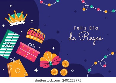 Los Reyes Magos ( Translation - Three Wise Men ). Happy epiphany day. January 6. Nativity of Jesus. Cartoon Vector illustration Template design for Poster, Banner, Flyer, Greeting, Card, Cover, Post.