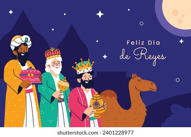 Los Reyes Magos ( Translation - Three Wise Men ). Happy epiphany day. January 6. Nativity of Jesus. Cartoon Vector illustration Template design for Poster, Banner, Flyer, Greeting, Card, Cover, Post.