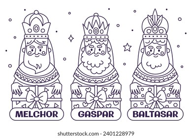 Los Reyes Magos ( Translation - Three Wise Men ). Happy epiphany day. January 6. Nativity of Jesus. Cartoon Vector illustration Template design for Poster, Banner, Flyer, Greeting, Card, Cover, Post.