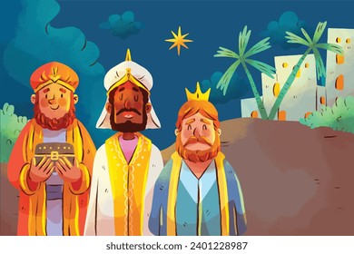 Los Reyes Magos ( Translation - Three Wise Men ). Happy epiphany day. January 6. Nativity of Jesus. Cartoon Vector illustration Template design for Poster, Banner, Flyer, Greeting, Card, Cover, Post.