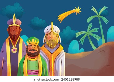 Los Reyes Magos ( Translation - Three Wise Men ). Happy epiphany day. January 6. Nativity of Jesus. Cartoon Vector illustration Template design for Poster, Banner, Flyer, Greeting, Card, Cover, Post.