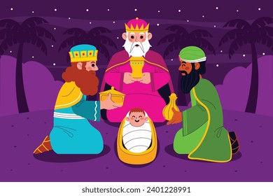 Los Reyes Magos ( Translation - Three Wise Men ). Happy epiphany day. January 6. Nativity of Jesus. Cartoon Vector illustration Template design for Poster, Banner, Flyer, Greeting, Card, Cover, Post.