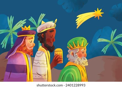 Los Reyes Magos ( Translation - Three Wise Men ). Happy epiphany day. January 6. Nativity of Jesus. Cartoon Vector illustration Template design for Poster, Banner, Flyer, Greeting, Card, Cover, Post.