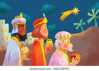 Los Reyes Magos. Feliz día de la epifanía. 6 de enero. Natividad de Jesús. Ilustración de vectores de caricatura Diseño de plantilla para afiches, pancartas, volantes, saludo, tarjeta, cubierta, publicación.