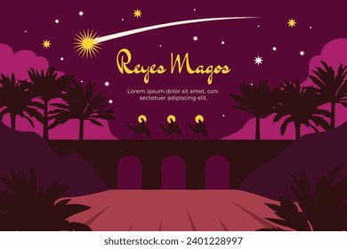 Los Reyes Magos ( Translation - Three Wise Men ). Happy epiphany day. January 6. Nativity of Jesus. Cartoon Vector illustration Template design for Poster, Banner, Flyer, Greeting, Card, Cover, Post.