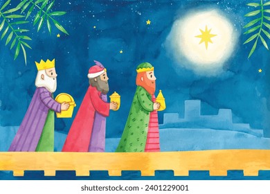 Los Reyes Magos ( Translation - Three Wise Men ). Happy epiphany day. January 6. Nativity of Jesus. Cartoon Vector illustration Template design for Poster, Banner, Flyer, Greeting, Card, Cover, Post.