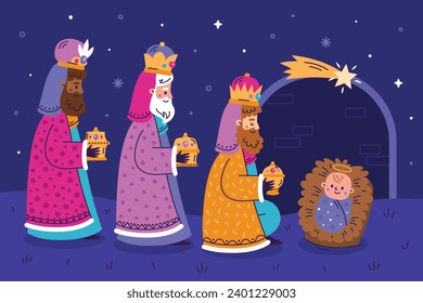 Los Reyes Magos ( Translation - Three Wise Men ). Happy epiphany day. January 6. Nativity of Jesus. Cartoon Vector illustration Template design for Poster, Banner, Flyer, Greeting, Card, Cover, Post.