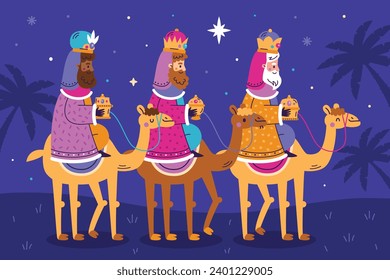 Los Reyes Magos ( Translation - Three Wise Men ). Happy epiphany day. January 6. Nativity of Jesus. Cartoon Vector illustration Template design for Poster, Banner, Flyer, Greeting, Card, Cover, Post.