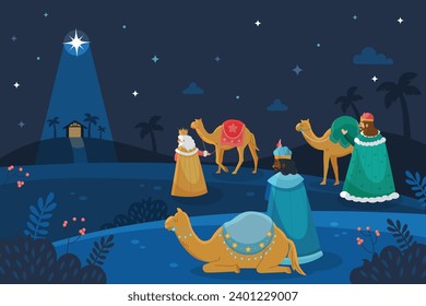 Los Reyes Magos ( Translation - Three Wise Men ). Happy epiphany day. January 6. Nativity of Jesus. Cartoon Vector illustration Template design for Poster, Banner, Flyer, Greeting, Card, Cover, Post.