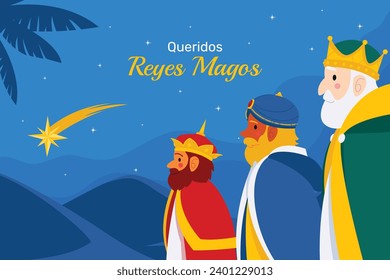 Los Reyes Magos ( Translation - Three Wise Men ). Happy epiphany day. January 6. Nativity of Jesus. Cartoon Vector illustration Template design for Poster, Banner, Flyer, Greeting, Card, Cover, Post.