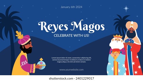 Los Reyes Magos ( Translation - Three Wise Men ). Happy epiphany day. January 6. Nativity of Jesus. Cartoon Vector illustration Template design for Poster, Banner, Flyer, Greeting, Card, Cover, Post.