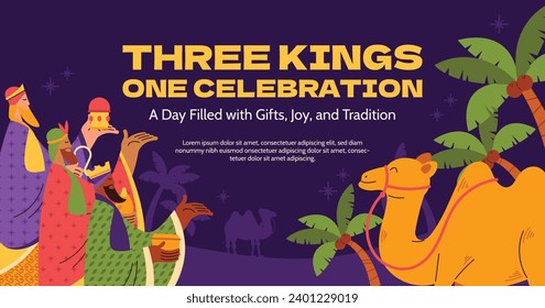 Los Reyes Magos ( Translation - Three Wise Men ). Happy epiphany day. January 6. Nativity of Jesus. Cartoon Vector illustration Template design for Poster, Banner, Flyer, Greeting, Card, Cover, Post.