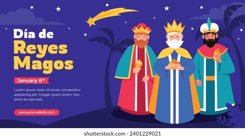 Los Reyes Magos ( Translation - Three Wise Men ). Happy epiphany day. January 6. Nativity of Jesus. Cartoon Vector illustration Template design for Poster, Banner, Flyer, Greeting, Card, Cover, Post.