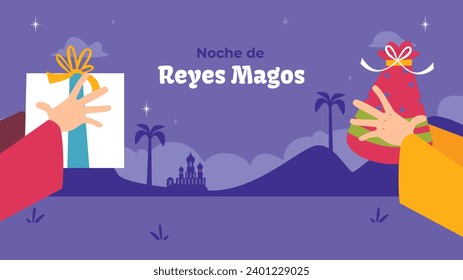 Los Reyes Magos ( Translation - Three Wise Men ). Happy epiphany day. January 6. Nativity of Jesus. Cartoon Vector illustration Template design for Poster, Banner, Flyer, Greeting, Card, Cover, Post.