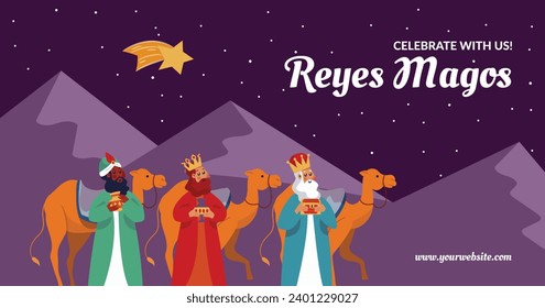 Los Reyes Magos ( Translation - Three Wise Men ). Happy epiphany day. January 6. Nativity of Jesus. Cartoon Vector illustration Template design for Poster, Banner, Flyer, Greeting, Card, Cover, Post.