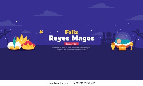 Los Reyes Magos ( Translation - Three Wise Men ). Happy epiphany day. January 6. Nativity of Jesus. Cartoon Vector illustration Template design for Poster, Banner, Flyer, Greeting, Card, Cover, Post.