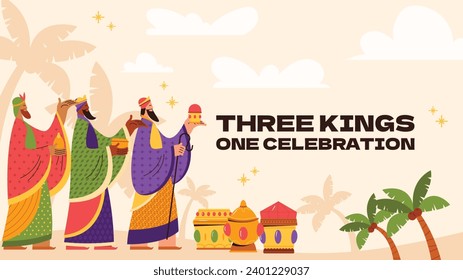 Los Reyes Magos ( Translation - Three Wise Men ). Happy epiphany day. January 6. Nativity of Jesus. Cartoon Vector illustration Template design for Poster, Banner, Flyer, Greeting, Card, Cover, Post.