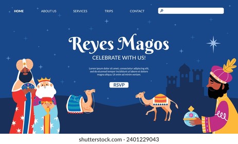 Los Reyes Magos ( Translation - Three Wise Men ). Happy epiphany day. January 6. Nativity of Jesus. Cartoon Vector illustration Template design for Poster, Banner, Flyer, Greeting, Card, Cover, Post.