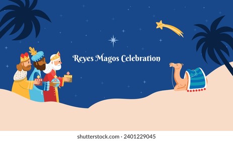 Los Reyes Magos ( Translation - Three Wise Men ). Happy epiphany day. January 6. Nativity of Jesus. Cartoon Vector illustration Template design for Poster, Banner, Flyer, Greeting, Card, Cover, Post.