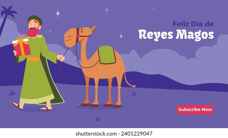 Los Reyes Magos ( Translation - Three Wise Men ). Happy epiphany day. January 6. Nativity of Jesus. Cartoon Vector illustration Template design for Poster, Banner, Flyer, Greeting, Card, Cover, Post.