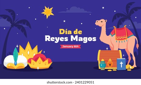 Los Reyes Magos ( Translation - Three Wise Men ). Happy epiphany day. January 6. Nativity of Jesus. Cartoon Vector illustration Template design for Poster, Banner, Flyer, Greeting, Card, Cover, Post.