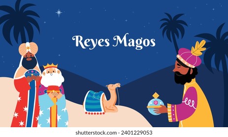 Los Reyes Magos ( Translation - Three Wise Men ). Happy epiphany day. January 6. Nativity of Jesus. Cartoon Vector illustration Template design for Poster, Banner, Flyer, Greeting, Card, Cover, Post.