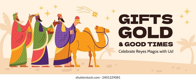 Los Reyes Magos ( Translation - Three Wise Men ). Happy epiphany day. January 6. Nativity of Jesus. Cartoon Vector illustration Template design for Poster, Banner, Flyer, Greeting, Card, Cover, Post.