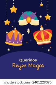 Los Reyes Magos ( Translation - Three Wise Men ). Happy epiphany day. January 6. Nativity of Jesus. Cartoon Vector illustration Template design for Poster, Banner, Flyer, Greeting, Card, Cover, Post.