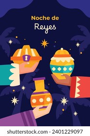 Los Reyes Magos ( Translation - Three Wise Men ). Happy epiphany day. January 6. Nativity of Jesus. Cartoon Vector illustration Template design for Poster, Banner, Flyer, Greeting, Card, Cover, Post.