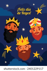 Los Reyes Magos ( Translation - Three Wise Men ). Happy epiphany day. January 6. Nativity of Jesus. Cartoon Vector illustration Template design for Poster, Banner, Flyer, Greeting, Card, Cover, Post.