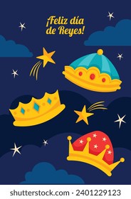 Los Reyes Magos ( Translation - Three Wise Men ). Happy epiphany day. January 6. Nativity of Jesus. Cartoon Vector illustration Template design for Poster, Banner, Flyer, Greeting, Card, Cover, Post.