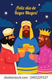 Los Reyes Magos ( Translation - Three Wise Men ). Happy epiphany day. January 6. Nativity of Jesus. Cartoon Vector illustration Template design for Poster, Banner, Flyer, Greeting, Card, Cover, Post.