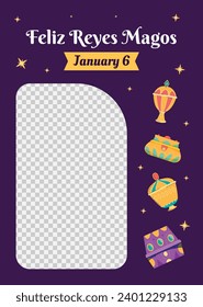 Los Reyes Magos ( Translation - Three Wise Men ). Happy epiphany day. January 6. Nativity of Jesus. Cartoon Vector illustration Template design for Poster, Banner, Flyer, Greeting, Card, Cover, Post.