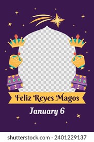 Los Reyes Magos ( Translation - Three Wise Men ). Happy epiphany day. January 6. Nativity of Jesus. Cartoon Vector illustration Template design for Poster, Banner, Flyer, Greeting, Card, Cover, Post.