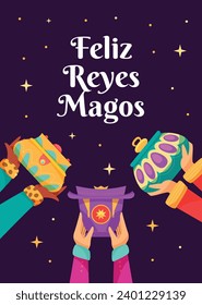 Los Reyes Magos ( Translation - Three Wise Men ). Happy epiphany day. January 6. Nativity of Jesus. Cartoon Vector illustration Template design for Poster, Banner, Flyer, Greeting, Card, Cover, Post.