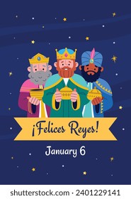 Los Reyes Magos ( Translation - Three Wise Men ). Happy epiphany day. January 6. Nativity of Jesus. Cartoon Vector illustration Template design for Poster, Banner, Flyer, Greeting, Card, Cover, Post.