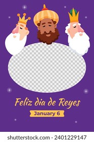 Los Reyes Magos ( Translation - Three Wise Men ). Happy epiphany day. January 6. Nativity of Jesus. Cartoon Vector illustration Template design for Poster, Banner, Flyer, Greeting, Card, Cover, Post.