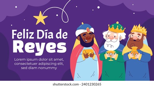 Los Reyes Magos ( Translation - Three Wise Men ). Happy epiphany day. January 6. Nativity of Jesus. Cartoon Vector illustration Template design for Poster, Banner, Flyer, Greeting, Card, Cover, Post.