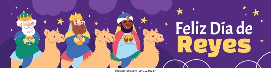 Los Reyes Magos ( Translation - Three Wise Men ). Happy epiphany day. January 6. Nativity of Jesus. Cartoon Vector illustration Template design for Poster, Banner, Flyer, Greeting, Card, Cover, Post.