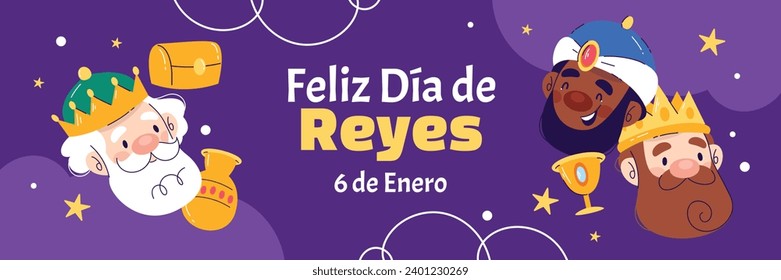 Los Reyes Magos ( Translation - Three Wise Men ). Happy epiphany day. January 6. Nativity of Jesus. Cartoon Vector illustration Template design for Poster, Banner, Flyer, Greeting, Card, Cover, Post.