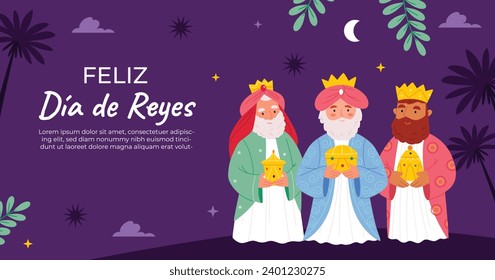 Los Reyes Magos ( Translation - Three Wise Men ). Happy epiphany day. January 6. Nativity of Jesus. Cartoon Vector illustration Template design for Poster, Banner, Flyer, Greeting, Card, Cover, Post.