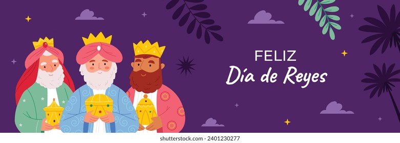 Los Reyes Magos ( Translation - Three Wise Men ). Happy epiphany day. January 6. Nativity of Jesus. Cartoon Vector illustration Template design for Poster, Banner, Flyer, Greeting, Card, Cover, Post.