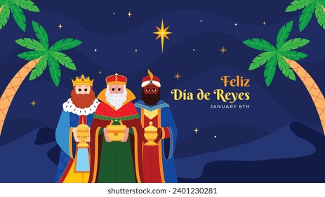 Los Reyes Magos ( Translation - Three Wise Men ). Happy epiphany day. January 6. Nativity of Jesus. Cartoon Vector illustration Template design for Poster, Banner, Flyer, Greeting, Card, Cover, Post.