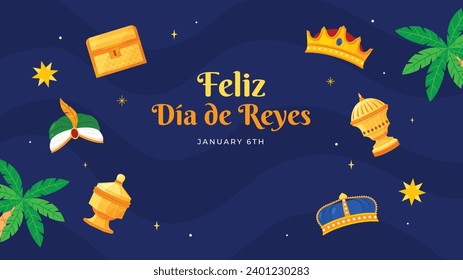 Los Reyes Magos ( Translation - Three Wise Men ). Happy epiphany day. January 6. Nativity of Jesus. Cartoon Vector illustration Template design for Poster, Banner, Flyer, Greeting, Card, Cover, Post.