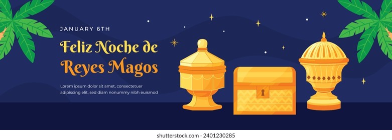 Los Reyes Magos ( Translation - Three Wise Men ). Happy epiphany day. January 6. Nativity of Jesus. Cartoon Vector illustration Template design for Poster, Banner, Flyer, Greeting, Card, Cover, Post.