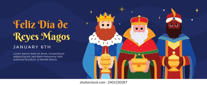 Los Reyes Magos ( Translation - Three Wise Men ). Happy epiphany day. January 6. Nativity of Jesus. Cartoon Vector illustration Template design for Poster, Banner, Flyer, Greeting, Card, Cover, Post.