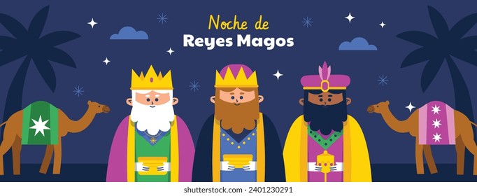 Los Reyes Magos ( Translation - Three Wise Men ). Happy epiphany day. January 6. Nativity of Jesus. Cartoon Vector illustration Template design for Poster, Banner, Flyer, Greeting, Card, Cover, Post.