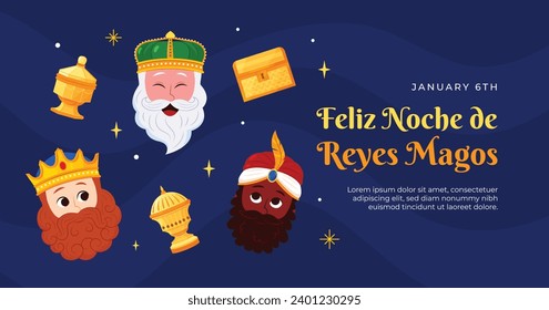 Los Reyes Magos ( Translation - Three Wise Men ). Happy epiphany day. January 6. Nativity of Jesus. Cartoon Vector illustration Template design for Poster, Banner, Flyer, Greeting, Card, Cover, Post.