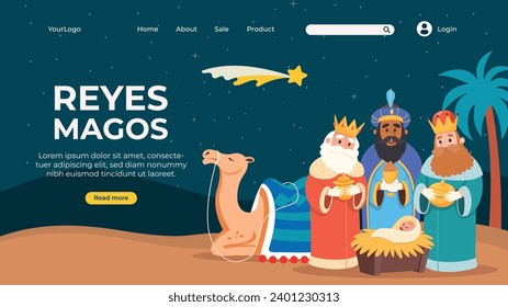 Los Reyes Magos ( Translation - Three Wise Men ). Happy epiphany day. January 6. Nativity of Jesus. Cartoon Vector illustration Template design for Poster, Banner, Flyer, Greeting, Card, Cover, Post.